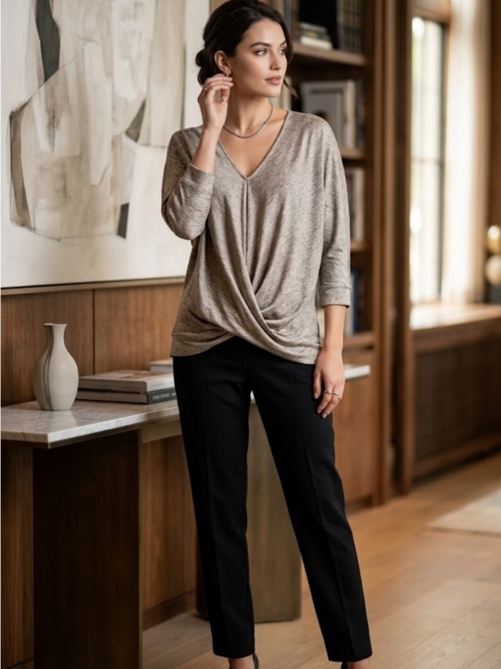 VENUS Heathered Taupe V-Neck Knit Top